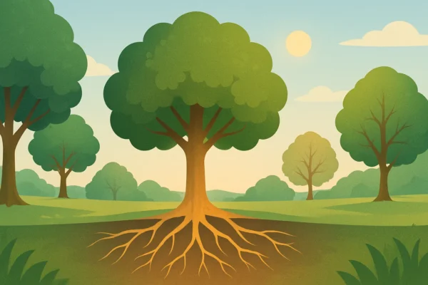 Cura interior na Bíblia: representação de várias árvores, algumas com raízes profundas