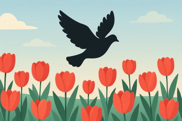 Presença do espírito santo: uma pomba sobrevoando Tulipas vermelhas