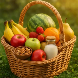 Cesta de piquenique com frutas, nozes e garrafa de leite