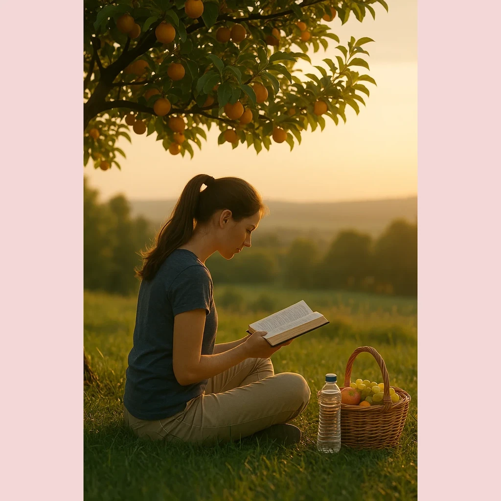 Mulher Embaixo de uma árvore lendo um livro. Ela tem ao lado uma cesta de frutas e uma garrafa de água.