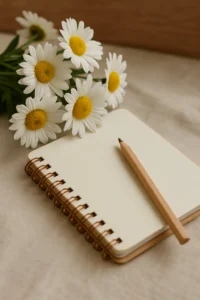 Margaridas e caderno.