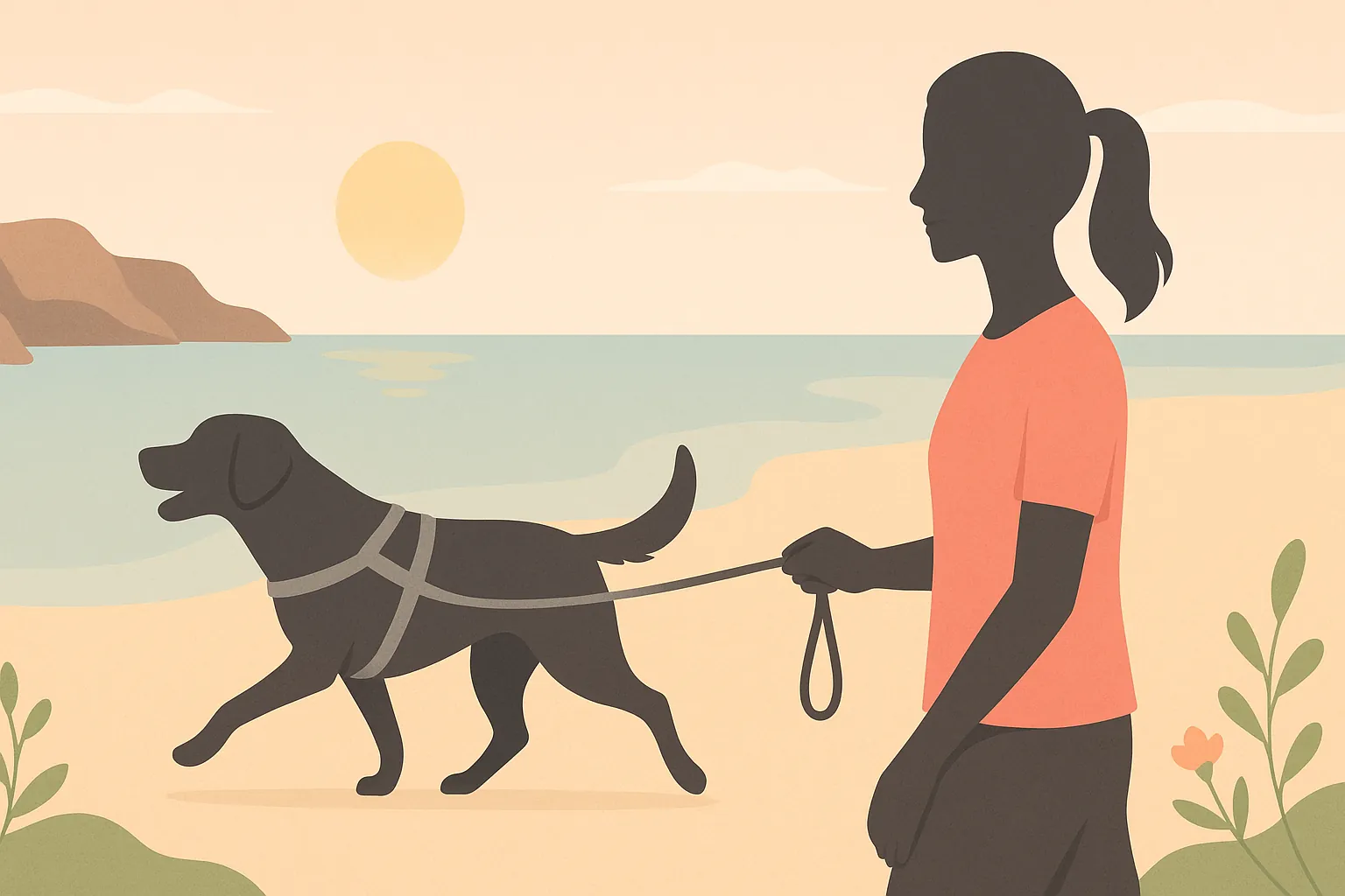 Provérbios 14:4: uma mulher caminhando na praia com um cão guia