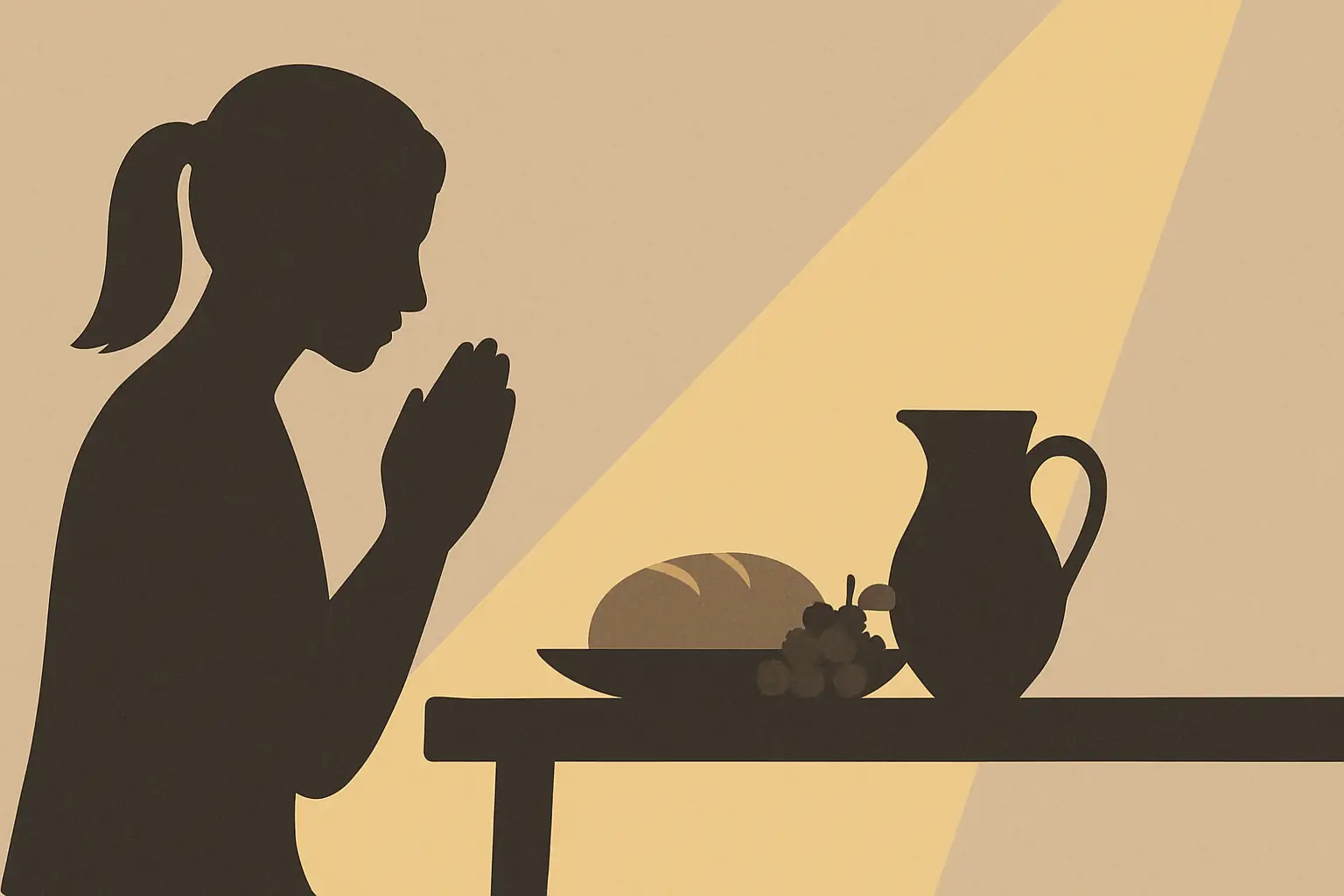 Alimentação para a glória de Deus: representação de alguém dando graças em frente a uma mesa de frutas